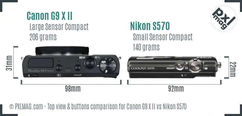 Canon G9 X II vs Nikon S570 top view buttons comparison