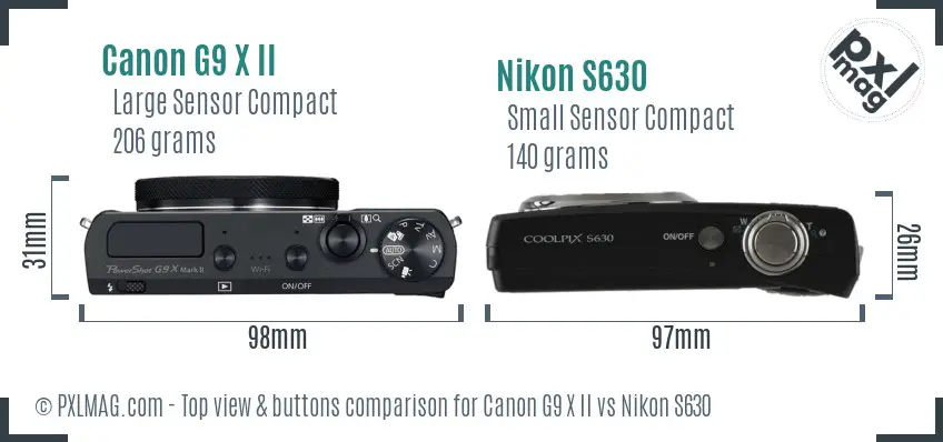 Canon G9 X II vs Nikon S630 top view buttons comparison