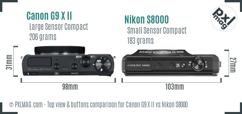 Canon G9 X II vs Nikon S8000 top view buttons comparison Canon G9 X II vs Nikon S8000 top view buttons comparison