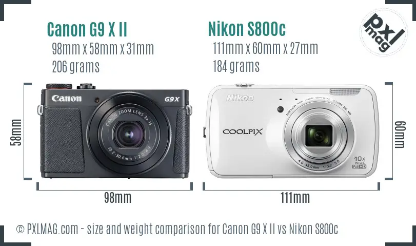 Size comparison between Canon G9 X Mark II and Nikon Coolpix S800c