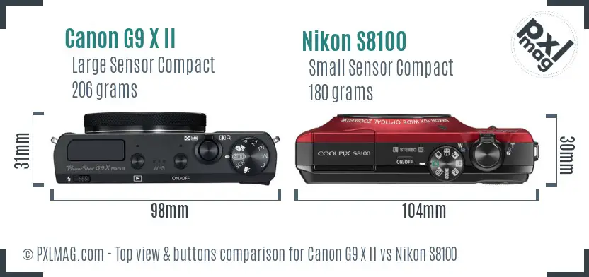 Canon G9 X II vs Nikon S8100 top view buttons comparison