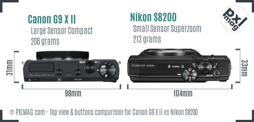 Canon G9 X II vs Nikon S8200 top view buttons comparison