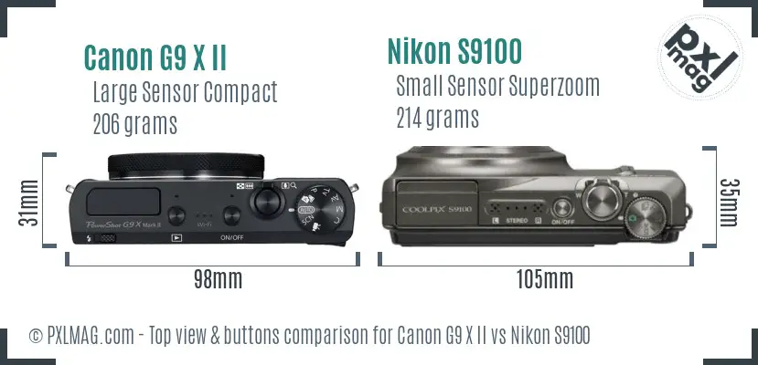Canon G9 X II vs Nikon S9100 top view buttons comparison