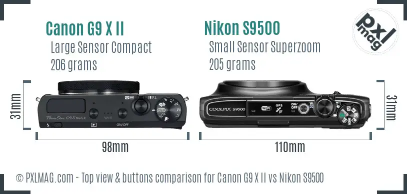 Canon G9 X II vs Nikon S9500 top view buttons comparison