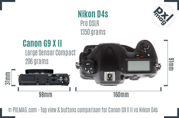 Canon G9 X II vs Nikon D4s top view buttons comparison