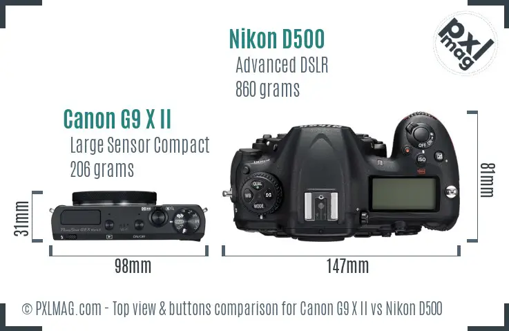 Canon G9 X II vs Nikon D500 top view buttons comparison