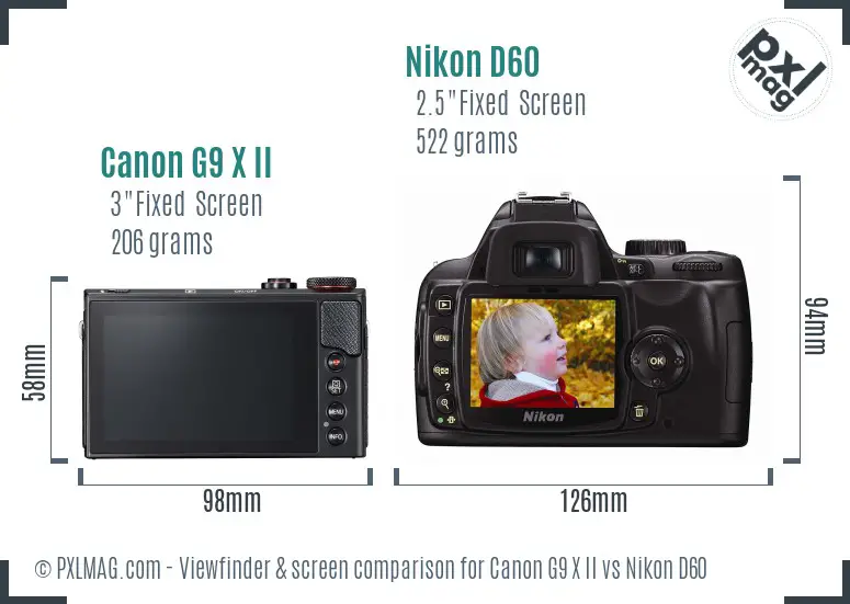 Canon G9 X II vs Nikon D60 Screen and Viewfinder comparison