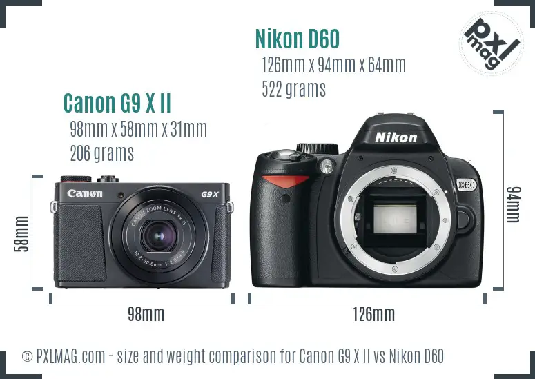 Canon G9 X II vs Nikon D60 size comparison