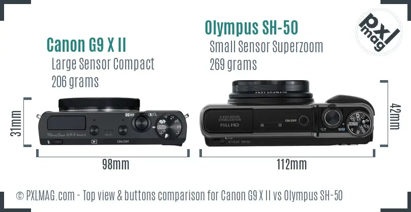 Canon G9 X II vs Olympus SH-50 top view buttons comparison Canon G9 X II vs Olympus SH-50 top view buttons comparison