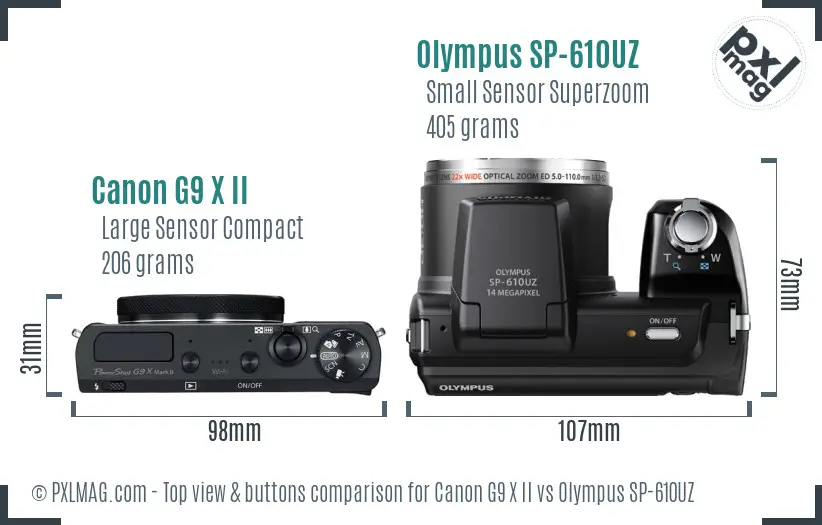 Canon G9 X II vs Olympus SP-610UZ top view buttons comparison