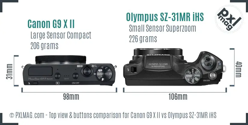 Canon G9 X II vs Olympus SZ-31MR iHS top view buttons comparison Canon G9 X II vs Olympus SZ-31MR iHS top view buttons comparison