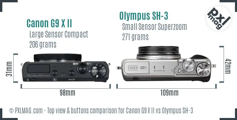 Canon G9 X II vs Olympus SH-3 top view buttons comparison