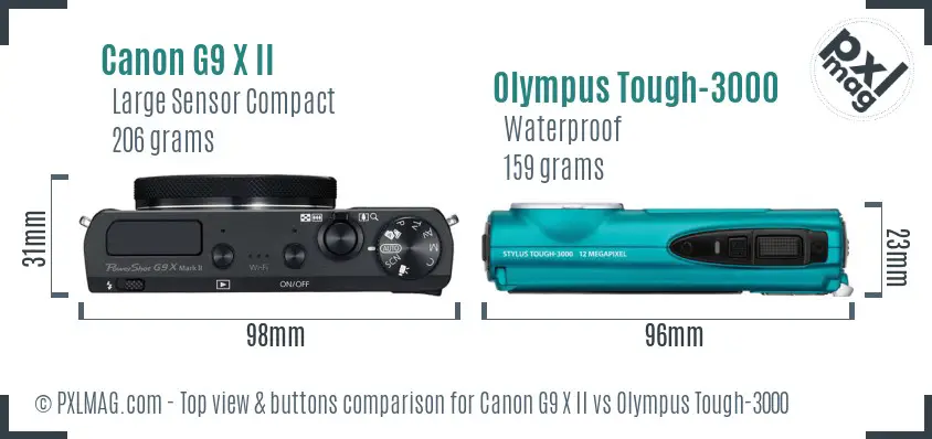 Canon G9 X II vs Olympus Tough-3000 top view buttons comparison Canon G9 X II vs Olympus Tough-3000 top view buttons comparison