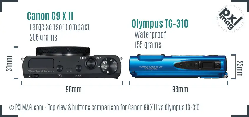 Canon G9 X II vs Olympus TG-310 top view buttons comparison