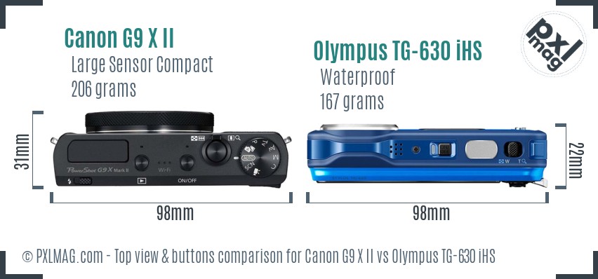 Canon G9 X II vs Olympus TG-630 iHS top view buttons comparison