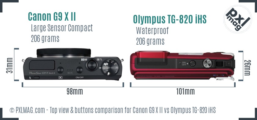 Canon G9 X II vs Olympus TG-820 iHS top view buttons comparison
