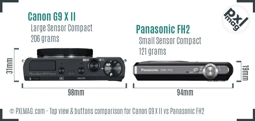 Canon G9 X II vs Panasonic FH2 top view buttons comparison Canon G9 X II vs Panasonic FH2 top view buttons comparison