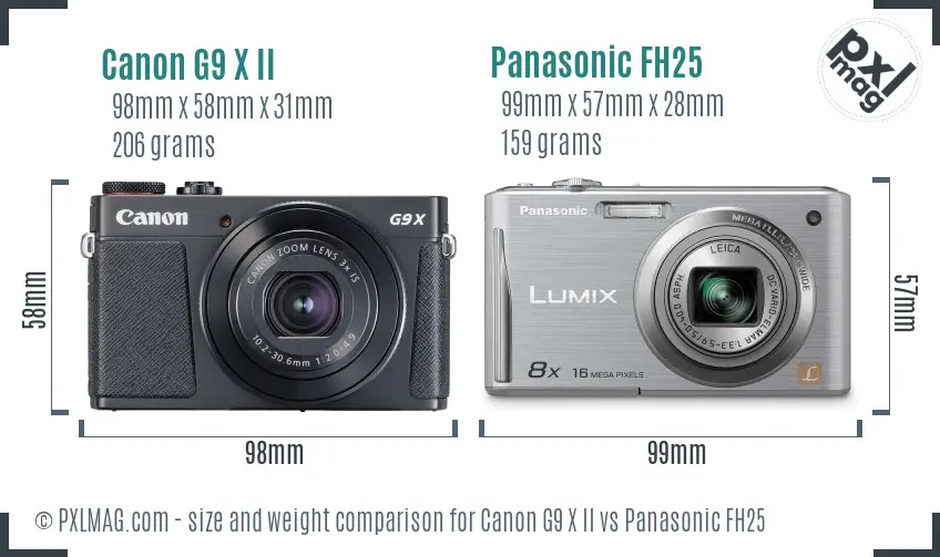 Canon G9 X II vs Panasonic FH25 size comparison