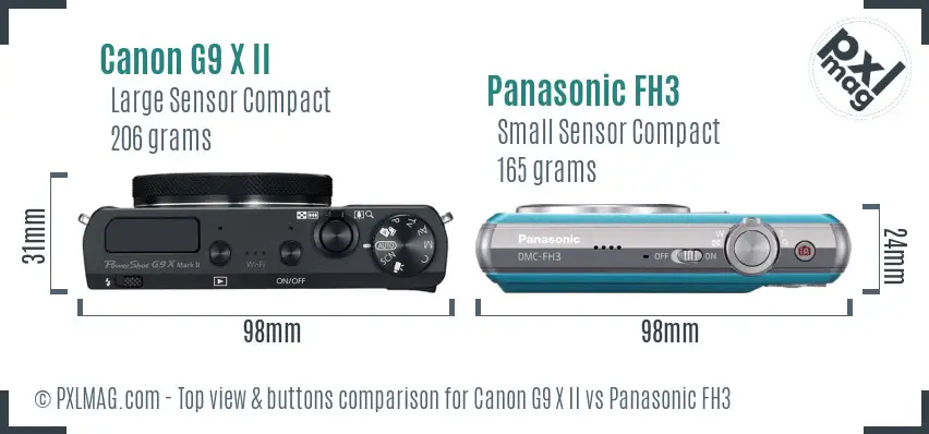 Canon G9 X II vs Panasonic FH3 top view buttons comparison