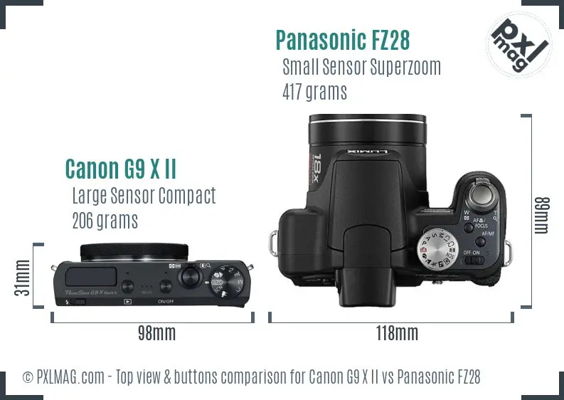 Canon G9 X II vs Panasonic FZ28 top view buttons comparison Canon G9 X II vs Panasonic FZ28 top view buttons comparison