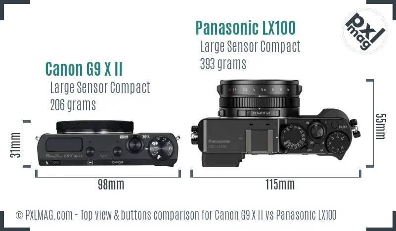 Canon G9 X II vs Panasonic LX100 top view buttons comparison