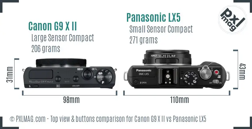 Canon G9 X II vs Panasonic LX5 top view buttons comparison Canon G9 X II vs Panasonic LX5 top view buttons comparison