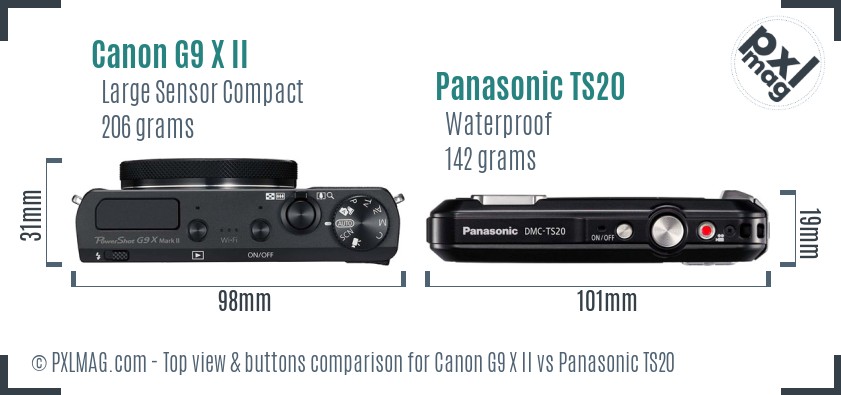 Canon G9 X II vs Panasonic TS20 top view buttons comparison