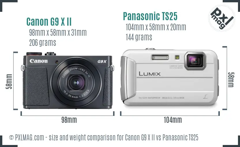 Canon G9 X II vs Panasonic TS25 size comparison