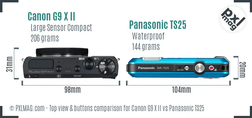 Canon G9 X II vs Panasonic TS25 top view buttons comparison