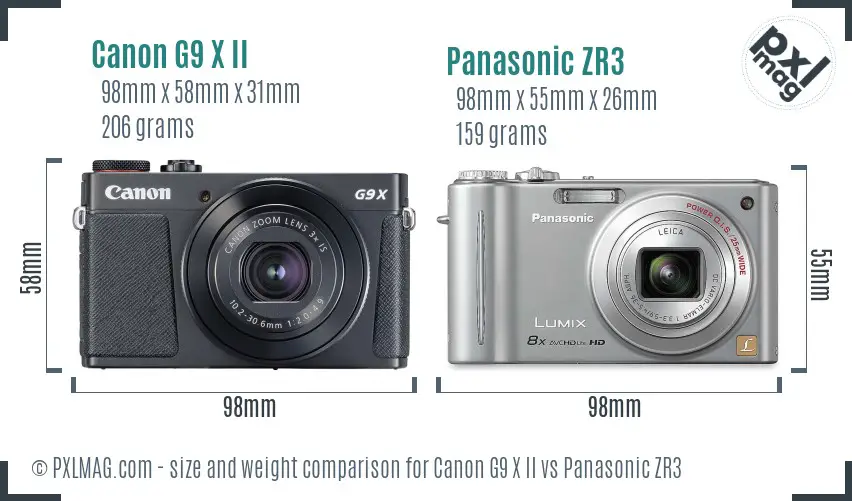 Canon G9 X II vs Panasonic ZR3 size comparison Canon G9 X II vs Panasonic ZR3 size comparison