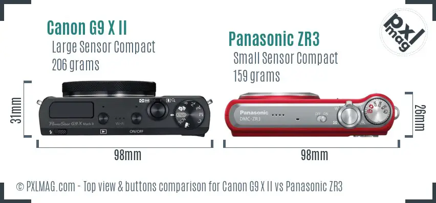 Canon G9 X II vs Panasonic ZR3 top view buttons comparison Canon G9 X II vs Panasonic ZR3 top view buttons comparison