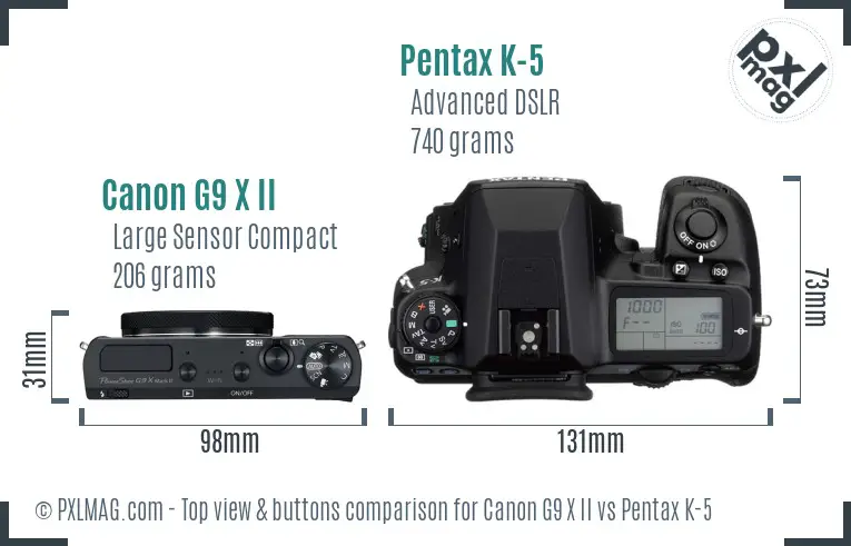Canon G9 X II vs Pentax K-5 top view buttons comparison