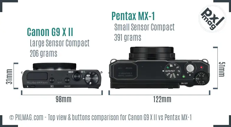 Canon G9 X II vs Pentax MX-1 top view buttons comparison