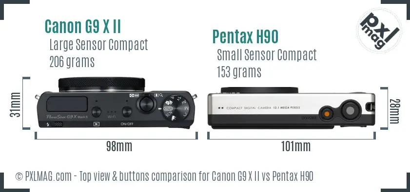 Canon G9 X II vs Pentax H90 top view buttons comparison Canon G9 X II vs Pentax H90 top view buttons comparison