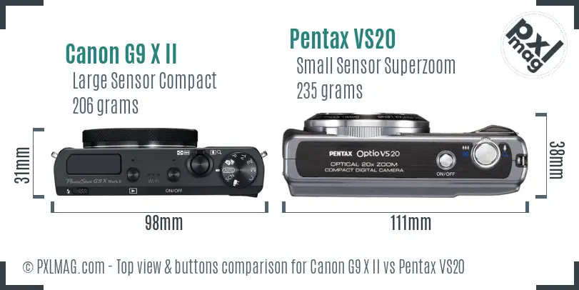 Canon G9 X II vs Pentax VS20 top view buttons comparison