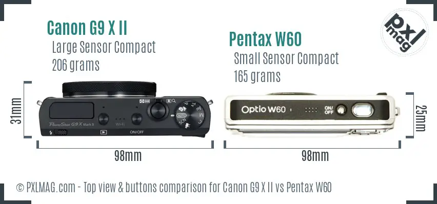 Canon G9 X II vs Pentax W60 top view buttons comparison Canon G9 X II vs Pentax W60 top view buttons comparison