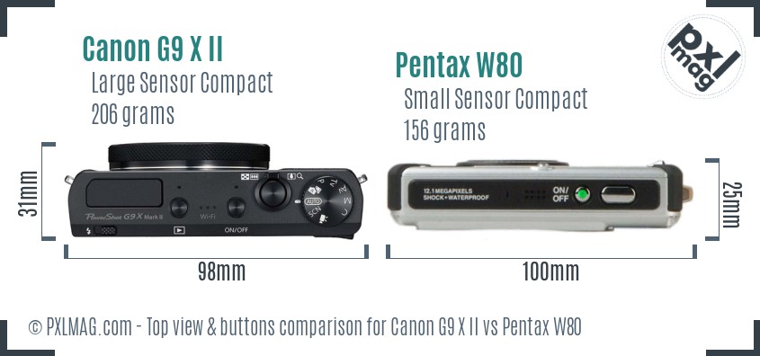 Canon G9 X II vs Pentax W80 top view buttons comparison