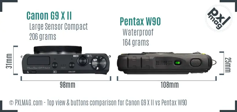 Canon G9 X II vs Pentax W90 top view buttons comparison