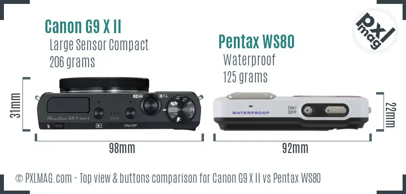 Canon G9 X II vs Pentax WS80 top view buttons comparison