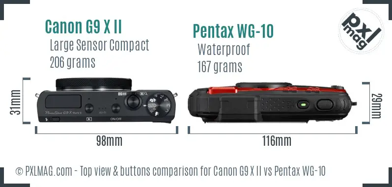 Canon G9 X II vs Pentax WG-10 top view buttons comparison