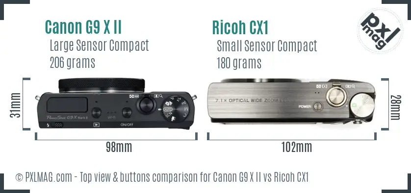Canon G9 X II vs Ricoh CX1 top view buttons comparison