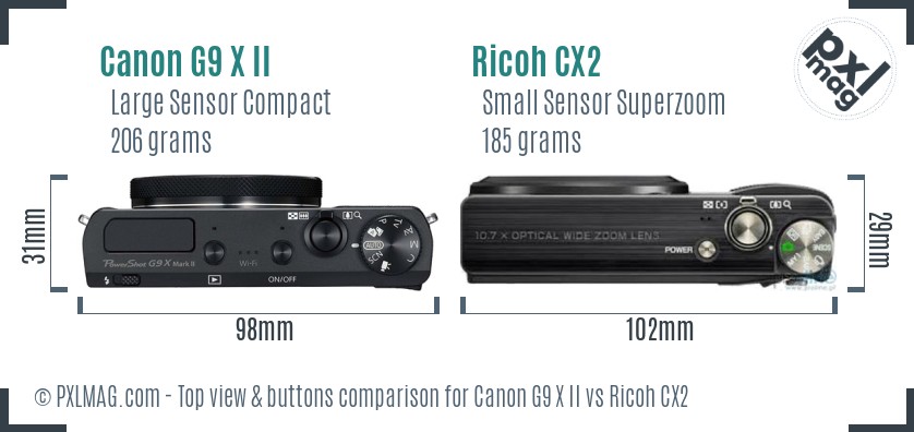 Canon G9 X II vs Ricoh CX2 top view buttons comparison