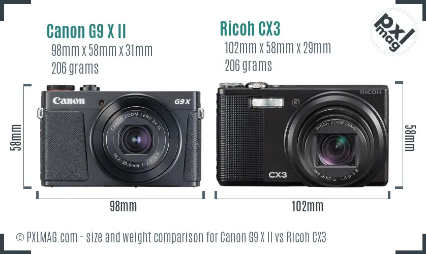 Canon G9 X II vs Ricoh CX3 size comparison