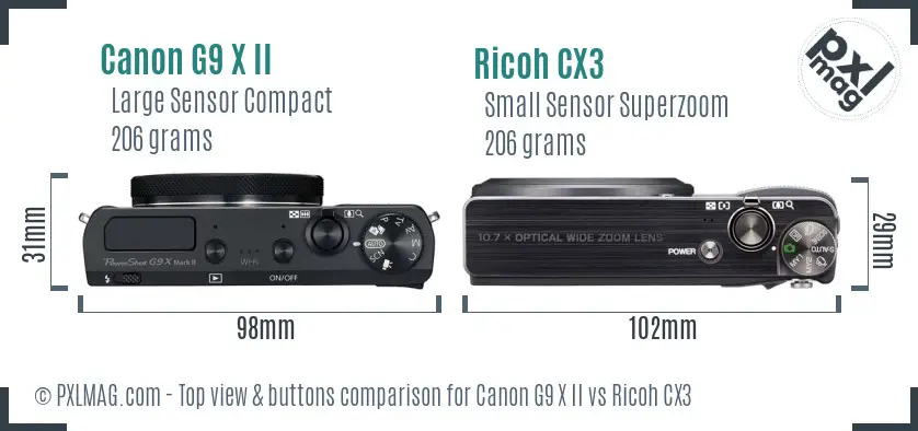 Canon G9 X II vs Ricoh CX3 top view buttons comparison