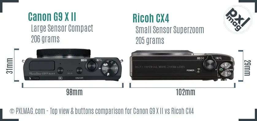 Canon G9 X II vs Ricoh CX4 top view buttons comparison
