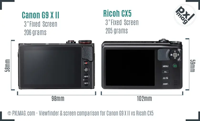 Canon G9 X II vs Ricoh CX5 Screen and Viewfinder comparison