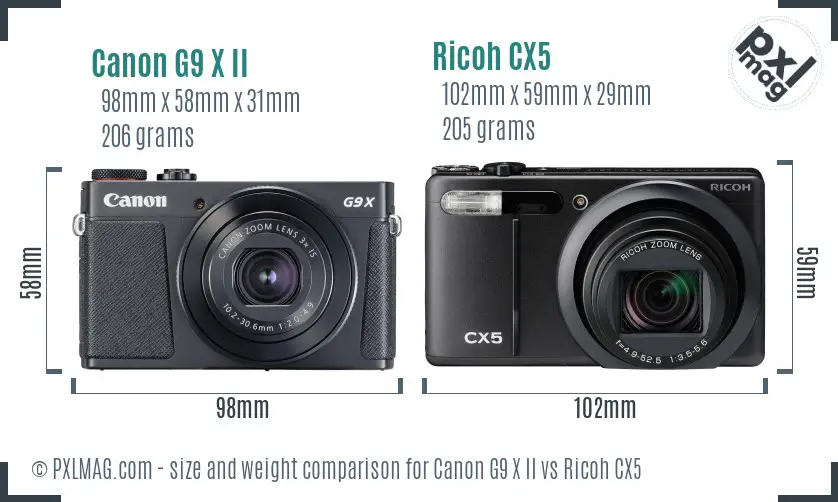 Canon G9 X II vs Ricoh CX5 size comparison