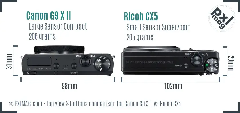 Canon G9 X II vs Ricoh CX5 top view buttons comparison