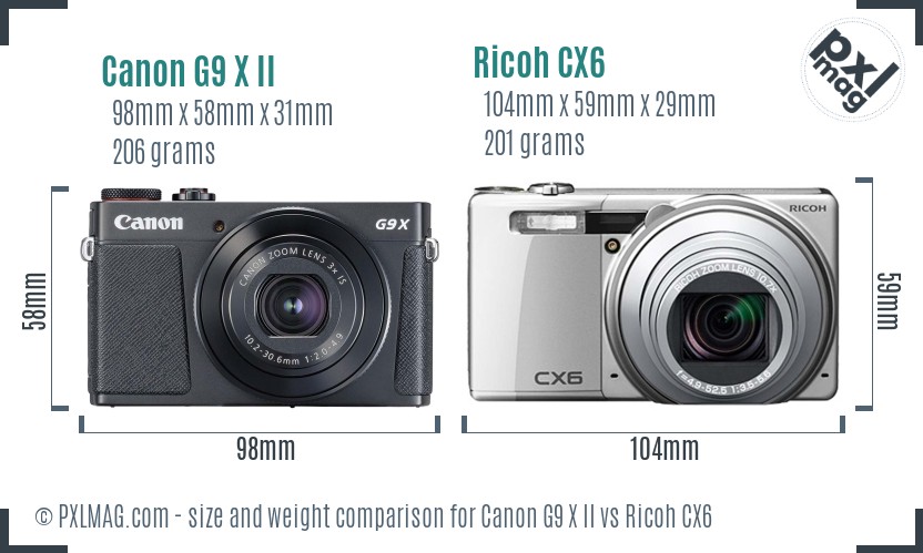 Canon G9 X II vs Ricoh CX6 size comparison