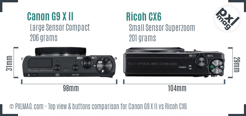 Canon G9 X II vs Ricoh CX6 top view buttons comparison